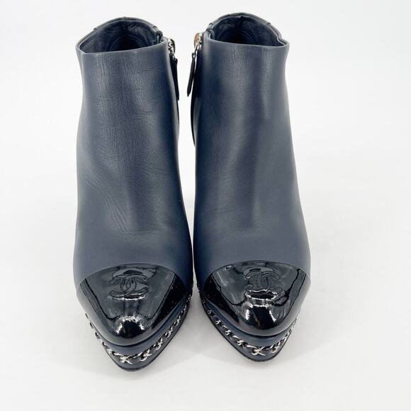 Chanel EU 38 Navy Leather Ankle Boots Patent Cap Toe Chain Platform Booties - Picture 5 of 14